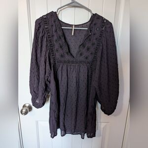 Free People Women's Tunic Embroidered Balloon Sleeves Dark Purple/Blue Size XS